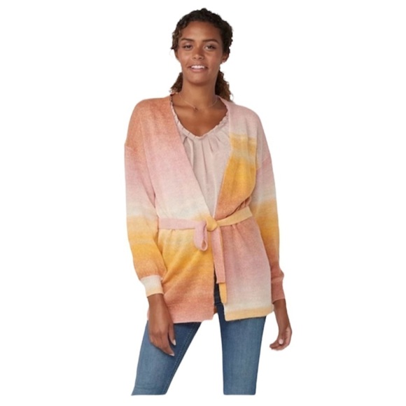 LC Lauren Conrad Womens Pink Yellow Ombre Knit Belted Cardigan Sweater Sz S New - Picture 1 of 9